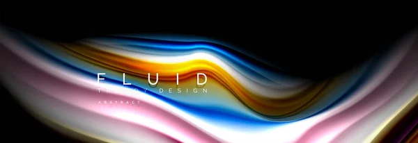 Bright colorful liquid fluid lines on black, modern abstract background — Stock Vector