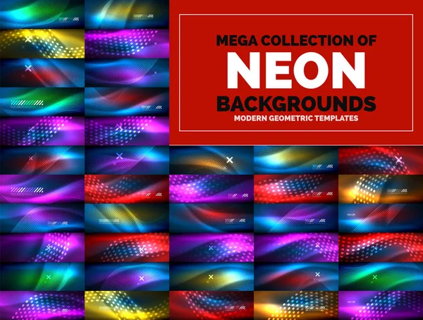Neon incandescente luce sfondi astratti raccolta, mega set di energia sfondi concetto magico — Vettoriale Stock