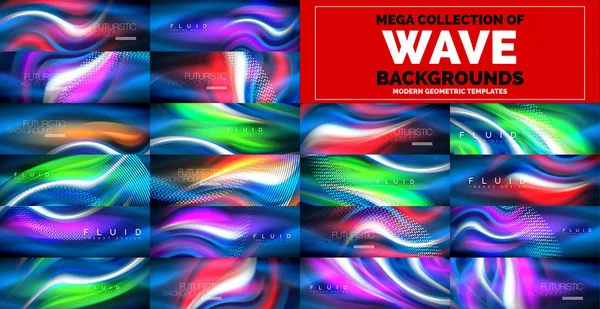 Mega collection of neon glowing wave abstract backgrounds. Magic energy and light motion templates — Stock Vector