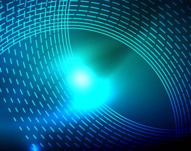 Mavi Neon çemberler, soyut dairesel çizgiler. Parlayan daire soyut desen arka plan