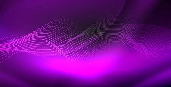 暗い、光沢のある動き、魔法空間光に輝く抽象的な波。テクノの抽象的な背景 — ストックベクタ