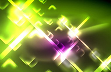 Bulanık efektler ile koyu arka planda Neon kare ve hat ışıkları