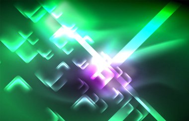 Bulanık efektler ile koyu arka planda Neon kare ve hat ışıkları