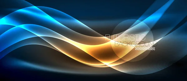 暗い、光沢のある動き、魔法空間光に輝く抽象的な波。テクノの抽象的な背景 — ストックベクタ