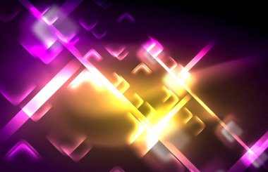 Bulanık efektler ile koyu arka planda Neon kare ve hat ışıkları