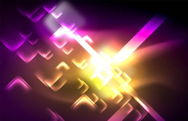 Bulanık efektler ile koyu arka planda Neon kare ve hat ışıkları