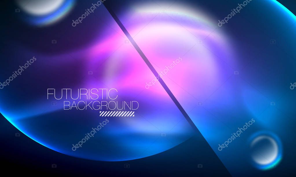 Blue neon bubbles and circles futuristic abstract background, modern shiny glowing space lights template