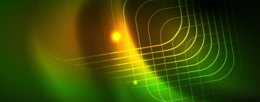 Techno parlayan arka plan, Neon ışık efektleri ve basit formları ile futuristik karanlık şablon, vektör