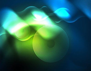 Neon parlayan dalga hatları, mavi Hi-Tech futuristik soyut arka plan şablonu