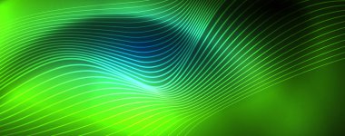 Mavi Neon renkli ışık arka planda pürüzsüz dalga hatları. Karanlık, parlak hareket, sihirli uzay ışık üzerinde parlayan soyut dalga