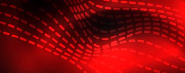 Karanlıkta dumanlı parlayan dalgalar. Neon renkli ışık ve dalgalı çizgiler ile koyu soyut arka plan. Vektör