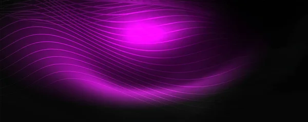 Karanlıkta dumanlı parlayan dalgalar. Neon renkli ışık ve dalgalı çizgiler ile koyu soyut arka plan. Vektör — Stok Vektör