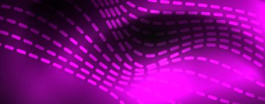 Karanlıkta dumanlı parlayan dalgalar. Neon renkli ışık ve dalgalı çizgiler ile koyu soyut arka plan. Vektör