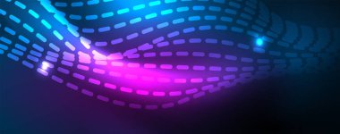 Mavi Neon renkli ışık arka planda pürüzsüz dalga hatları. Karanlık, parlak hareket, sihirli uzay ışık üzerinde parlayan soyut dalga