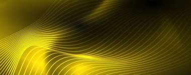 Karanlıkta dumanlı parlayan dalgalar. Neon renkli ışık ve dalgalı çizgiler ile koyu soyut arka plan. Vektör