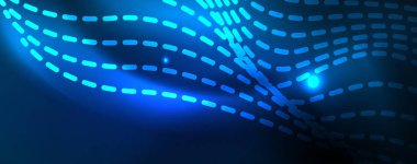 Mavi Neon renkli ışık arka planda pürüzsüz dalga hatları. Karanlık, parlak hareket, sihirli uzay ışık üzerinde parlayan soyut dalga