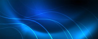 Dalgalar ve daireler ile trendy Neon mavi soyut tasarım. Neon ışık parlayan etkisi. Soyut Dijital arka plan.