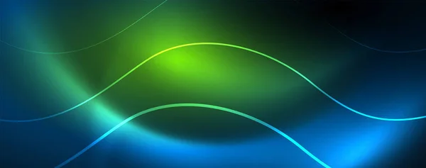 Módní neonově modrý abstraktní design s vlnami a kruhy. Neonové světlo zářící efekt. Abstraktní digitální pozadí. — Stockový vektor
