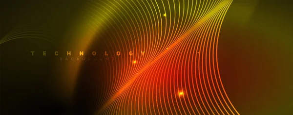Felle neon cirkels en golf lijnen, gloeiende glanzende achtergrond ontwerpsjabloon, Digital techno concept. — Stockvector