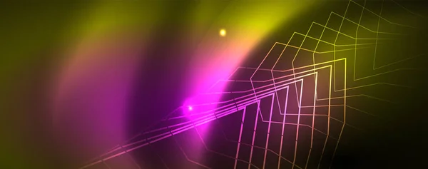 Techno gloeiende achtergrond, futuristische donkere sjabloon met neon lichteffecten en eenvoudige vormen, Vector — Stockvector