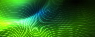 Mavi Neon renkli ışık arka planda pürüzsüz dalga hatları. Karanlık, parlak hareket, sihirli uzay ışık üzerinde parlayan soyut dalga