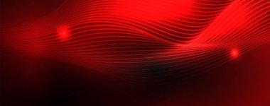 Karanlıkta dumanlı parlayan dalgalar. Neon renkli ışık ve dalgalı çizgiler ile koyu soyut arka plan. Vektör