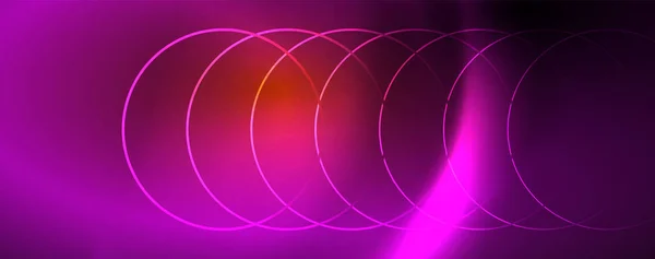 Helle Neon-Kreise und Wellenlinien, leuchtend glänzende Hintergrunddesign-Vorlage, digitales Techno-Konzept. — Stockvektor