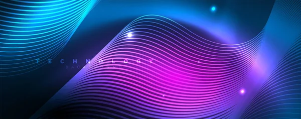 Divatos neon kék absztrakt design hullámok és körök. Neonfény izzó hatás. Absztrakt digitális háttér. — Stock Vector