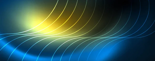 Design abstrait bleu fluo tendance avec des vagues et des cercles. Lumière au néon effet lumineux. Contexte numérique abstrait . — Image vectorielle