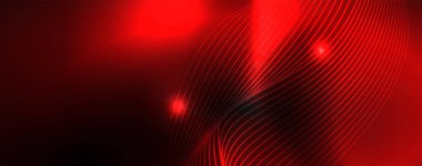 Karanlıkta dumanlı parlayan dalgalar. Neon renkli ışık ve dalgalı çizgiler ile koyu soyut arka plan. Vektör