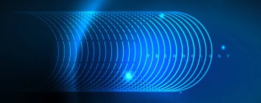 Dalgalar ve daireler ile trendy Neon mavi soyut tasarım. Neon ışık parlayan etkisi. Soyut Dijital arka plan.