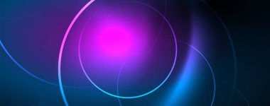 Dalgalar ve daireler ile trendy Neon mavi soyut tasarım. Neon ışık parlayan etkisi. Soyut Dijital arka plan.