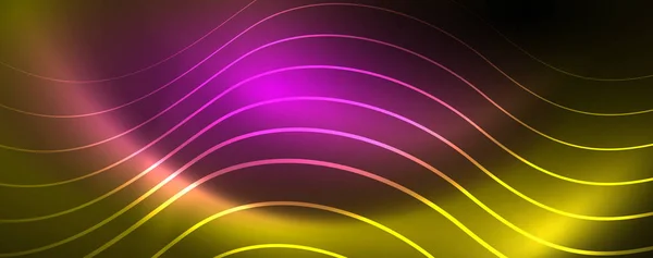 Helle Neon-Kreise und Wellenlinien, leuchtend glänzende Hintergrunddesign-Vorlage, digitales Techno-Konzept. — Stockvektor