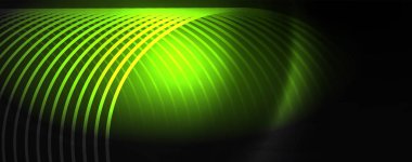 Parlak renkli neon ışıkları ve hatları ile koyu soyut arka plan. Arka planda parlayan