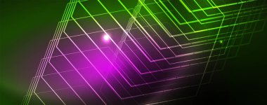 Techno parlayan arka plan, Neon ışık efektleri ve basit formları ile futuristik karanlık şablon, vektör