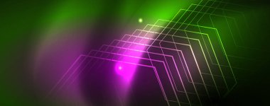 Techno parlayan arka plan, Neon ışık efektleri ve basit formları ile futuristik karanlık şablon, vektör