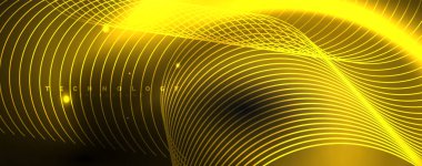 Parlak renkli neon ışıkları ve hatları ile koyu soyut arka plan. Arka planda parlayan