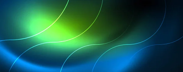 Trendy neon blauw abstract ontwerp met golven en cirkels. Neon licht gloeiend effect. Abstracte digitale achtergrond. — Stockvector