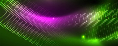 Techno parlayan arka plan, Neon ışık efektleri ve basit formları ile futuristik karanlık şablon, vektör