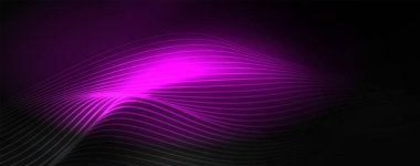 Karanlıkta dumanlı parlayan dalgalar. Neon renkli ışık ve dalgalı çizgiler ile koyu soyut arka plan. Vektör