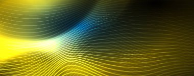 Mavi Neon renkli ışık arka planda pürüzsüz dalga hatları. Karanlık, parlak hareket, sihirli uzay ışık üzerinde parlayan soyut dalga