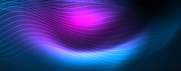 蓝色霓虹灯背景上的平滑波线。发光的抽象波在黑暗,闪亮的运动,神奇的空间光 — 图库矢量图片