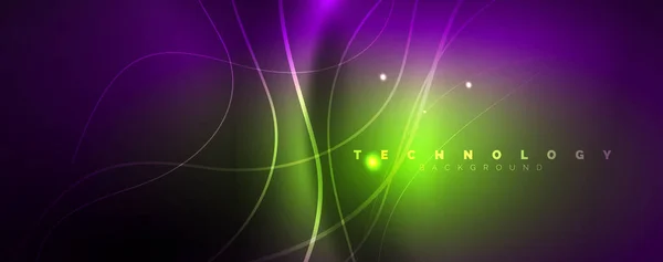 Parlak Neon ışıklar, bulanık sihirli Neon ışık kavisli hatları ile koyu soyut arka plan — Stok Vektör