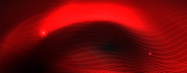 Karanlıkta dumanlı parlayan dalgalar. Neon renkli ışık ve dalgalı çizgiler ile koyu soyut arka plan. Vektör