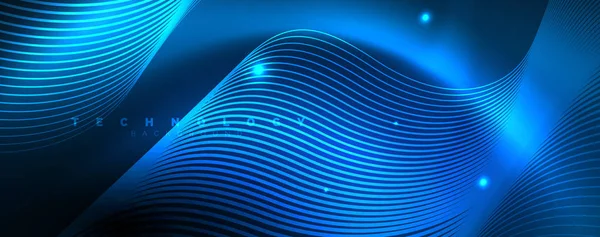 Design abstrato azul neon na moda com ondas e círculos. Efeito de luz de néon brilhante. Fundo digital abstrato . — Vetor de Stock