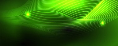 Karanlıkta dumanlı parlayan dalgalar. Neon renkli ışık ve dalgalı çizgiler ile koyu soyut arka plan. Vektör