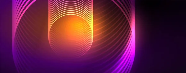 光沢のあるネオンライト、ぼやけた魔法のネオンライト曲線を持つ暗い抽象的な背景 — ストックベクタ