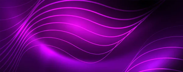 Glänzende Neonlichter, dunkler abstrakter Hintergrund mit verschwommenem magischen Neonlicht, geschwungene Linien — Stockvektor