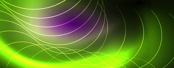 Lumières au néon brillantes, fond abstrait sombre avec des lignes courbes floues de lumière au néon magique — Image vectorielle
