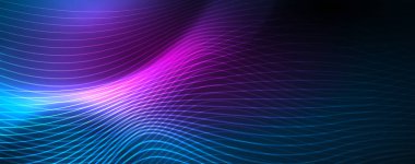 Mavi Neon renkli ışık arka planda pürüzsüz dalga hatları. Karanlık, parlak hareket, sihirli uzay ışık üzerinde parlayan soyut dalga